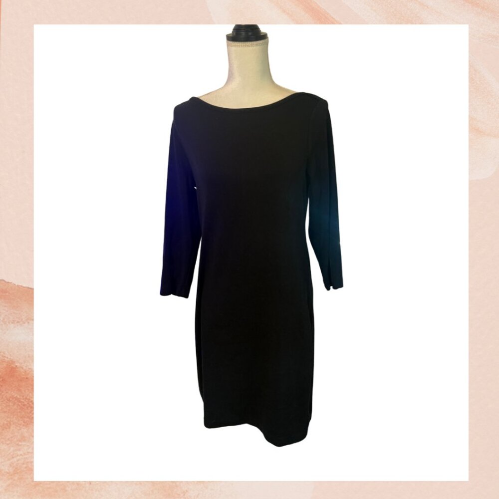 GAP Solid Black Wide Neck Elbow Sleeve Fitted Knee Length Dress